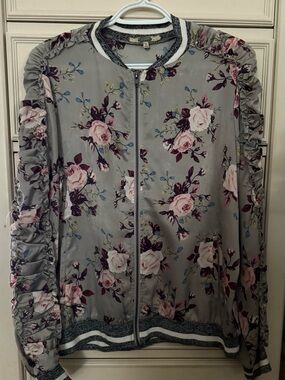 Gimmicks Floral Zip-Front Bomber Jacket in gray sz L